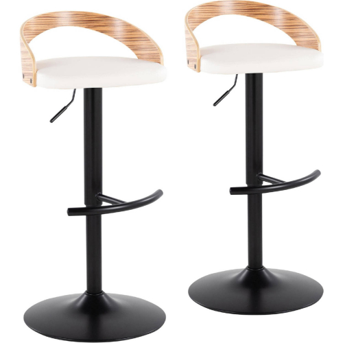 Grotto Adjustable Swivel Bar Stool in Black Metal, Zebra Wood & White Leatherette (Set of 2)